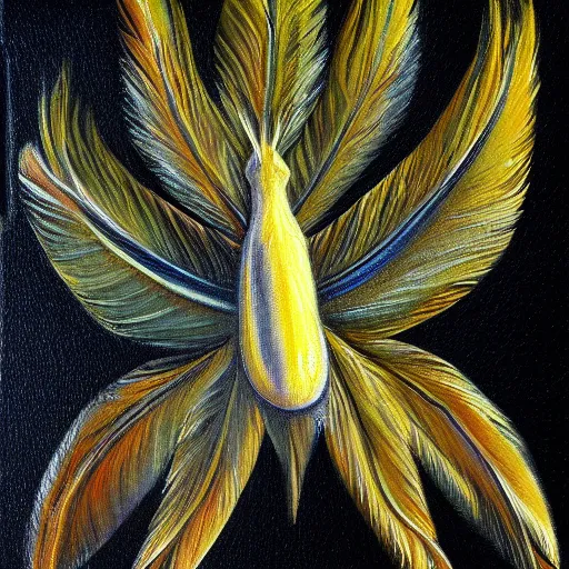 Image similar to snail with wings and feathers, in flight, oil painting, artstation, dramatic lighting, symmetry, beautiful