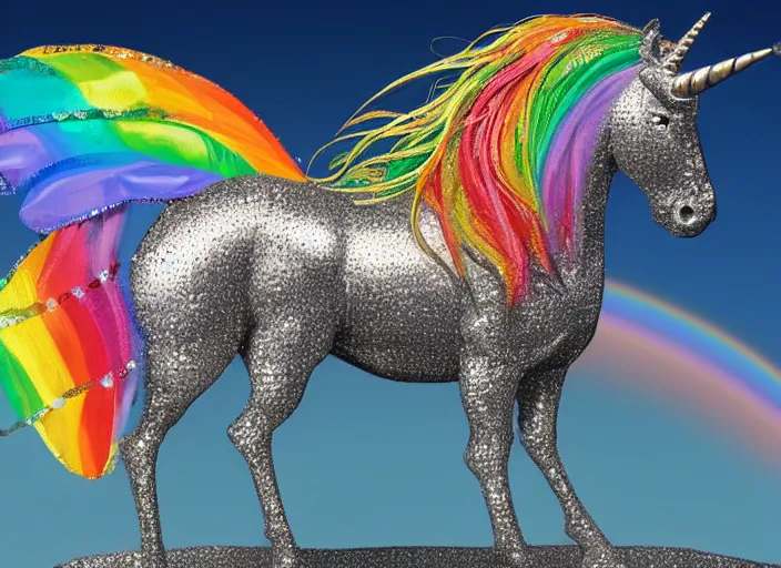 Prompt: a unicorn statue made out of diamonds. There is a rainbow in the background. Colorful, realistic digital art