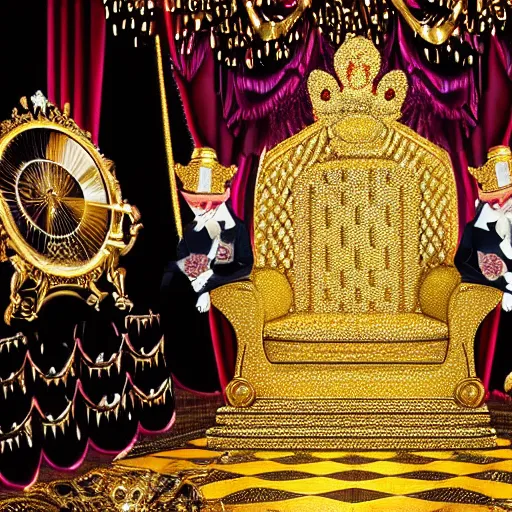 Image similar to shining giant throne made of millions of diamonds, gold and zaphires with thousands of light reflections, and a clown on a tuxedo suit is sitting on the throne while handing a golden balloon, dramatic light