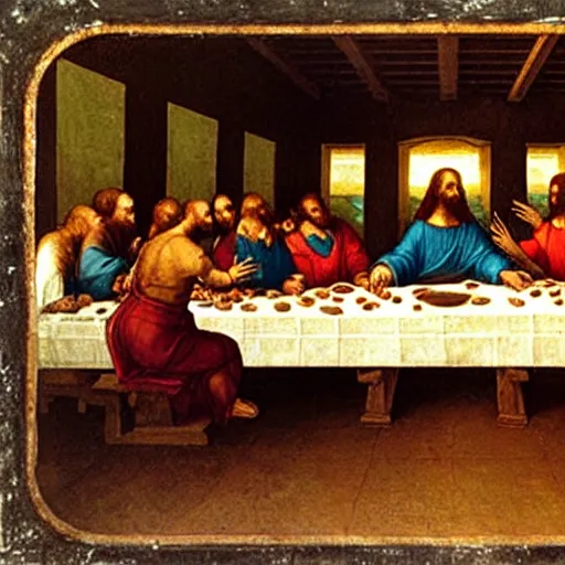 Image similar to in The Last Supper by Leonardo da Vinci, Jesus is eating a large delicious hamburger that has a beef patty, lettuce, and tomato