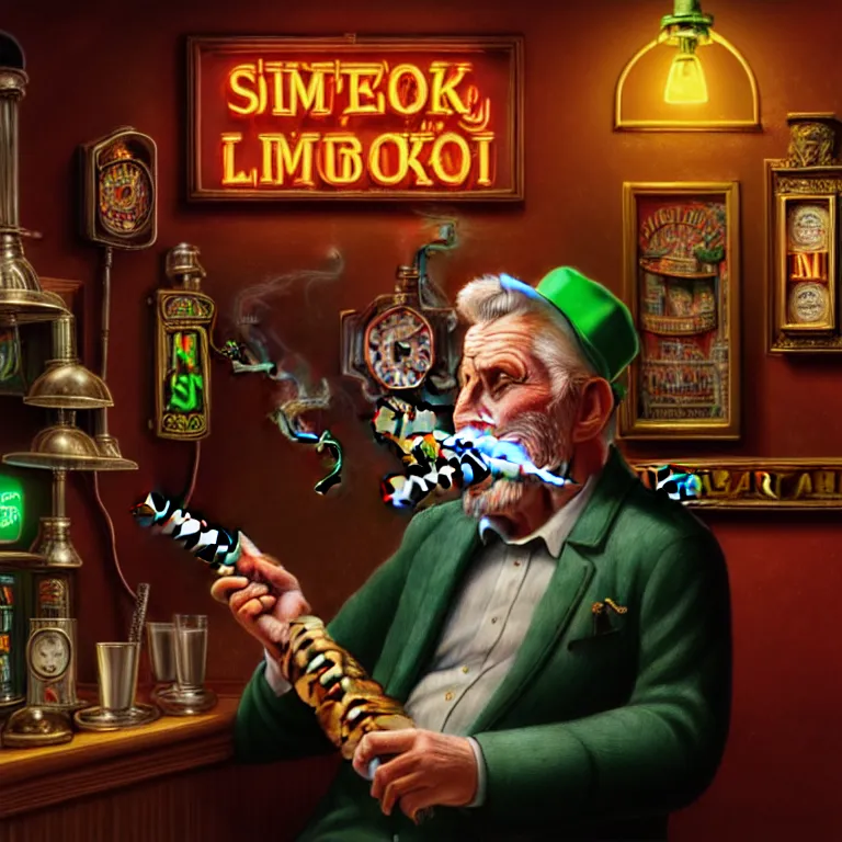 Image similar to a intricately detailed portrait of an old man smoking a lit cigar in an irish pub with a neon bar, smoke rising like clouds, balanced, symmetrical, super resolution, trending on art station, volumetric lighting & shadows, hyper detailed, digital art, unreal engine, in the style of a escher, 4 0 0 mm f 1. 8,