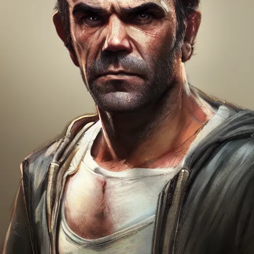 Image similar to commission portrait of trevor philips from the game gta v,character design by charles bowater,greg rutkowski,ross tran,hyperdetailed,hyperrealistic,4k,deviantart,artstation,professional photography,concept art