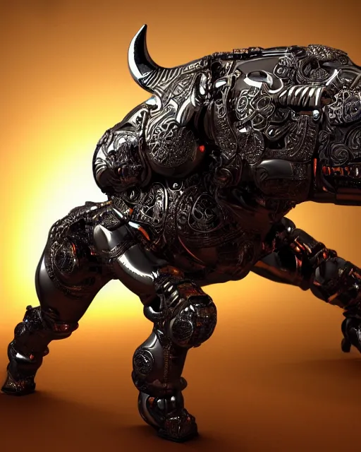 Image similar to a full body shot of an imposing cyborg pig modeled after a bull looking into the camera, contrast lighting, black skin!!!, intricate pattern, hard rubber chest, highly detailed, cyborg, full body shot, intricate, 3 d, symmetrical, octane render, fantasy, highly detailed, digital art, artstation, strong bokeh, black face, leering