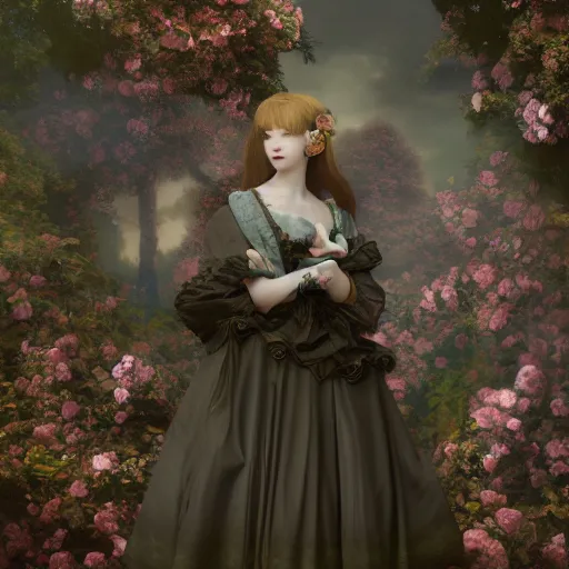 Prompt: 8k, octane render, depth layering, polarizing filter, AI enhanced, realism, tonalism, renaissance, rococo, baroque, group of creepy young ladies wearing long harajuku manga dress with flowers and skulls, background chaotic flowers
