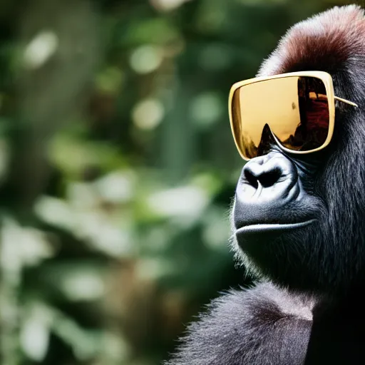 Image similar to a gorilla wearing shades and a gold chain, 4 k