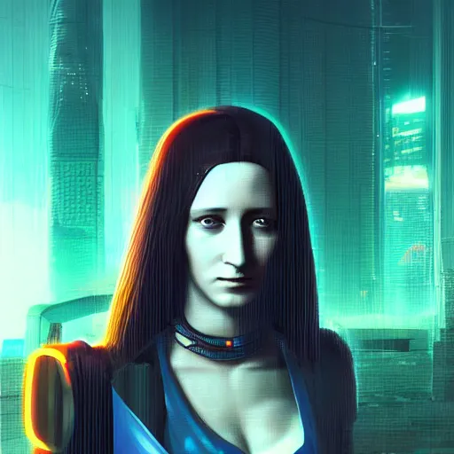 Image similar to Cyberpunk monalisa, cyberpunk in a cyberpunk city, 8k, trending on artstation, professionally detailed