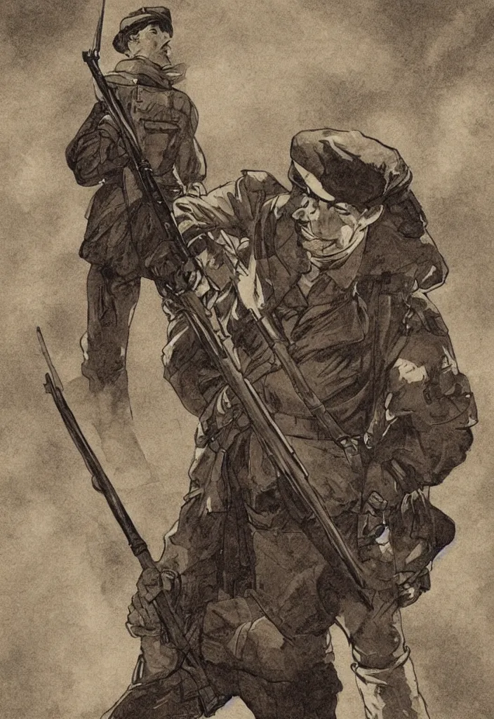 Prompt: 1 9 0 0 s soldier holding a rifle. 5 0 s comic book. warm moody evening light dramatic light. comic book illustration