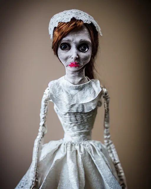 Image similar to a creepy paper mache doll of a very tall bride, realistic, very detailed, complex, intricate, studio lighting, bokeh, sigma 5 0 mm f 1. 4