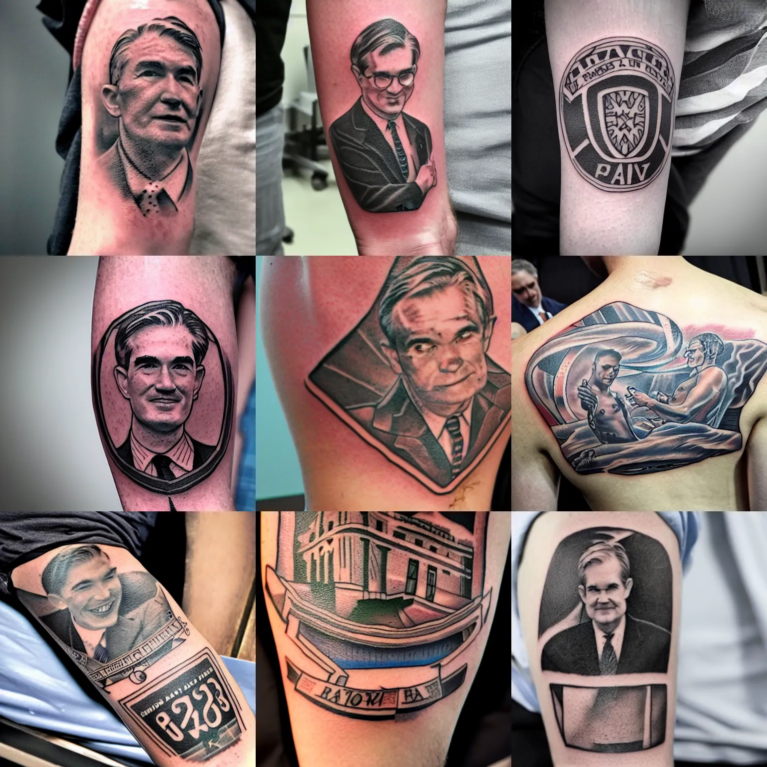 Prompt: dslr photo of a tattoo of jerome powell
