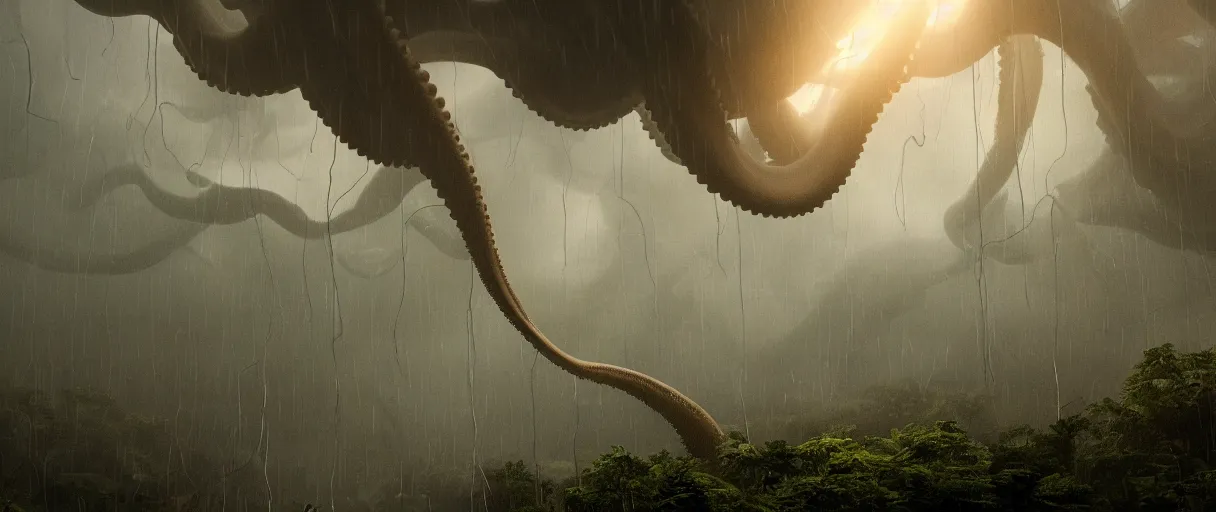 Image similar to a giant octopus tentacle hanging from the clouds over a rain forest, lightning storm and sun rays, ambient light, still from the movie the arrival, 8k