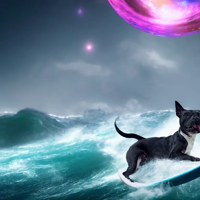 Image similar to photo of a dark gray coat pit bull with a white paws, surfing on a surfboard in a crashing wave of alien ocean in space, background is an alien galaxy, aliens in the background, alien colors, octane render, unreal engine, wide view, 8 k, high detaild