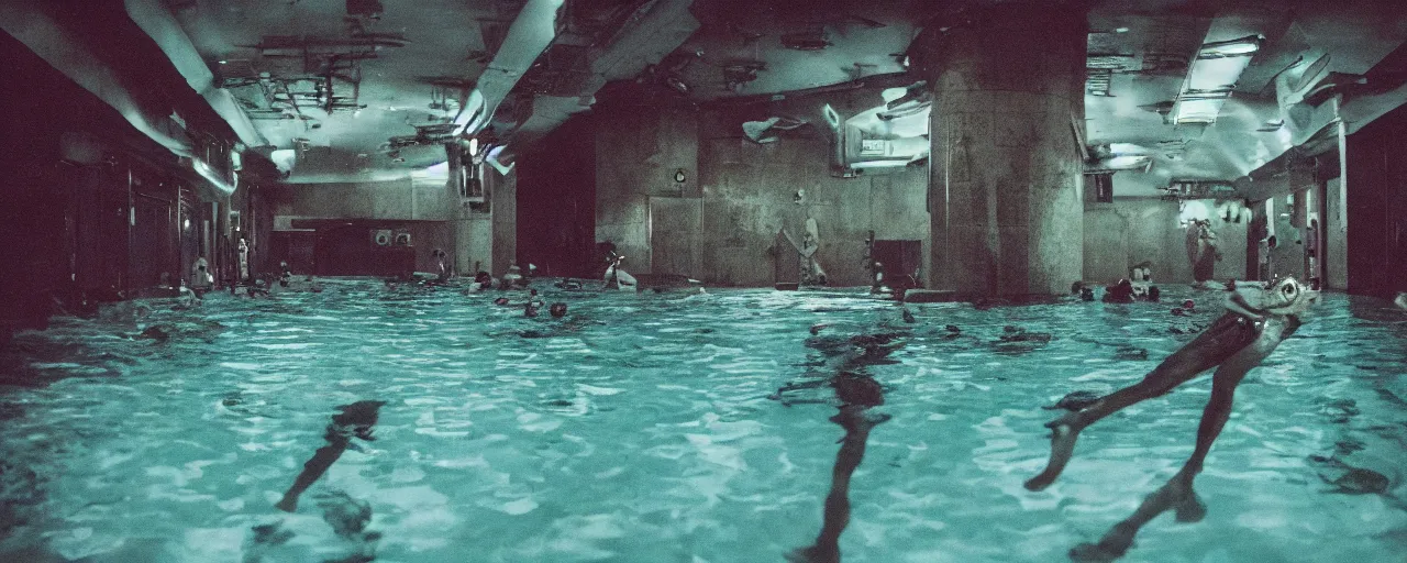 Image similar to an ultra wide colour 3 5 mm film photo of a terrifying half reptile half humanoid hybrid creature, hunting underwater in a public swimming pool, liminal spaces, ritual occult gathering, film grain