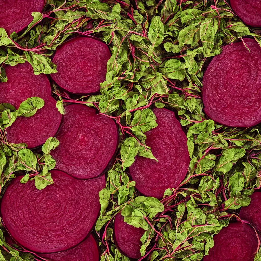 Image similar to large spiral of giant cut beetroots, with embroidered leaves and fractal roots, over vivid dark wood table, food photography. super detailed. masterpiece