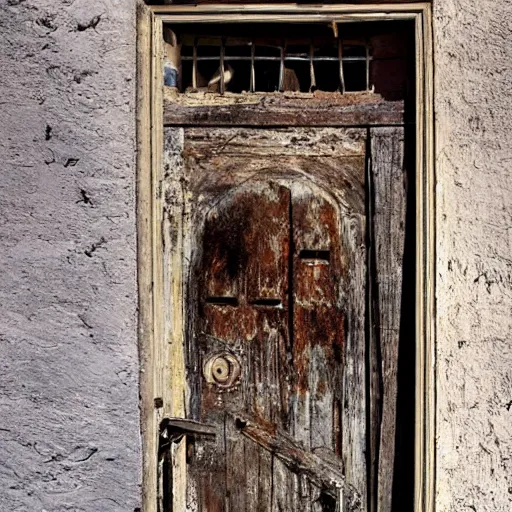 Prompt: A ajar dilapidated door with a human face hangs on loops, medieval style, dramatic lighting