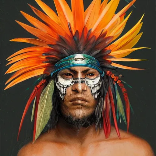 Image similar to a male tupi guarani warrior portrait with bird of paradise flower covering his eye, art by marco mazzoni, dark background, asymmetrical