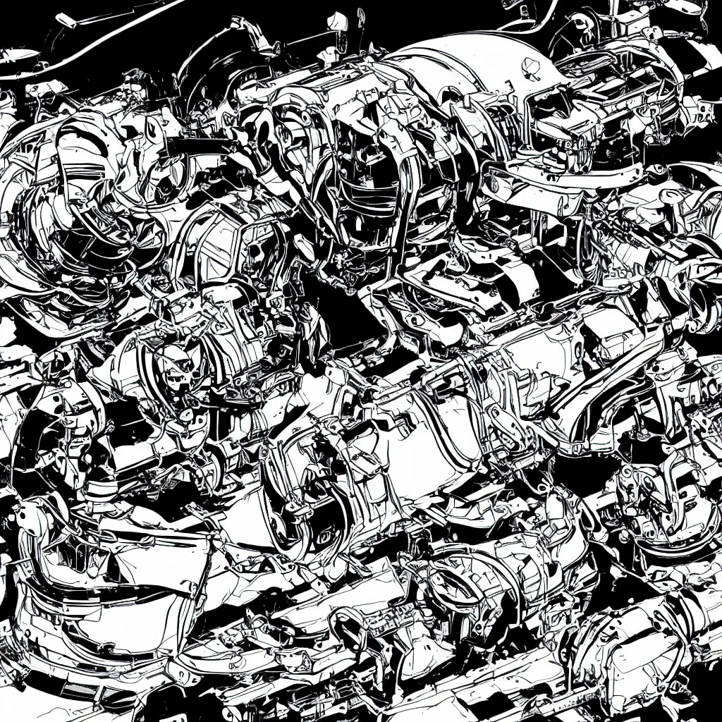 Prompt: a hard surface ultradetailed mechanical robot in middle of nature black and white comic book style