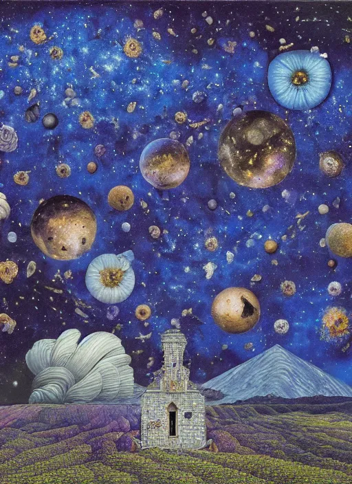 Image similar to detailed, intricate blue black and purple papaverum flower on the field, nebula, galaxy in the sky, winning award masterpiece, fantastically beautiful, illustration, aestheticly inspired, jacek yerka, upscale with anguissola sofonisba work, artstation, 8 k