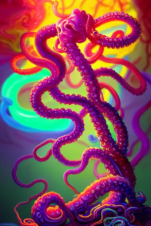 Image similar to tentacles coming out of colorful liquid smoke and neon clouds,, dmt, psilocybin, lsd, detailed, intricate, elegant, highly detailed, digital painting, artstation, concept art, smooth, sharp focus, illustration, art by hana yata, and artem demura and beeple, octane render, unreal engine, 8 k