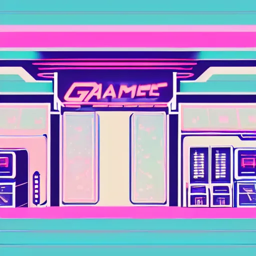 Image similar to art deco vaporwave illustration of a gaming store in a mall in pastel colors