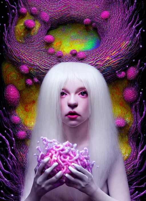 Image similar to hyper detailed 3d render like a Oil painting - kawaii portrait Aurora (white haired Singer Ferret) seen Eating of the Strangling network of yellowcake aerochrome and milky Fruit and Her delicate Hands hold of gossamer polyp blossoms bring iridescent fungal flowers whose spores black the foolish stars by Jacek Yerka, Mariusz Lewandowski, Houdini algorithmic generative render, Abstract brush strokes, Masterpiece, Edward Hopper and James Gilleard, Zdzislaw Beksinski, Mark Ryden, Wolfgang Lettl, hints of Yayoi Kasuma, octane render, 8k