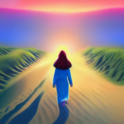 Prompt: closeup giant dahlia flower into head, girl walking between dunes, surreal photography, sunrise, blue sky, dramatic light, impressionist painting, digital painting, artstation, simon stalenhag