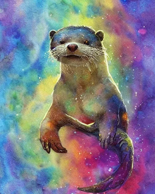 Image similar to detailed magical rainbow otter by jean - baptiste monge and frank frazetta, post processing, painterly, book illustration watercolor granular strong darksplatter dripping paper texture, ink outlines, painterly, trending on artstation, trending on pinterest childrens art