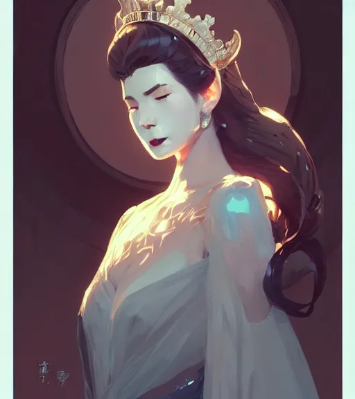 Image similar to portrait of a beautiful female immortal queen in complex and shiny dress 汉 服 by atey ghailan, by greg rutkowski, by greg tocchini, by james gilleard, by joe fenton, by kaethe butcher, dynamic lighting, gradient light blue, brown, blonde cream and white color scheme, grunge aesthetic