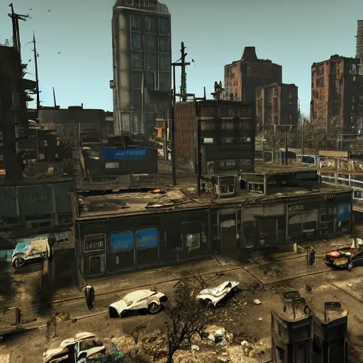 Prompt: Rotterdam in ruins post-nuclear war in Fallout 4, in game screenshot