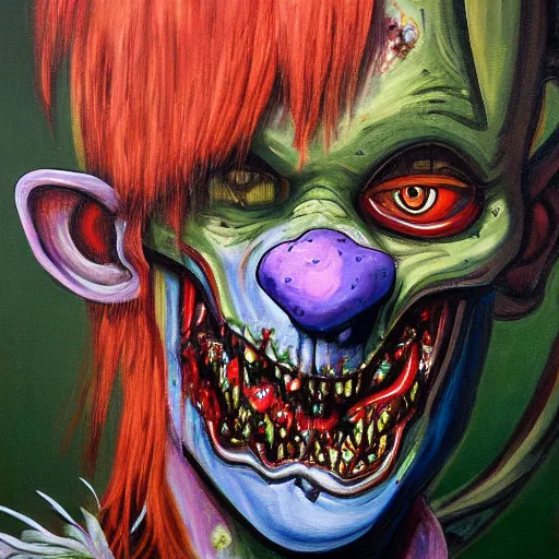 Prompt: zombie clown breaking through 4 th wall jungle painting, oil and acrylic on canvas, high detail