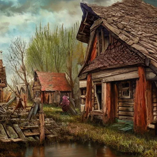 Image similar to A painterly Swampvillage with a wooden wall made of zombie limbs, , high detailed, semirealistic, oil painting, trending on Artstation. w 1024