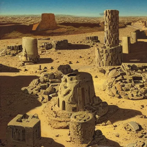 Prompt: ancient ruins under the desert, underground, forgotten, hyper realistic, by chesley bonestell