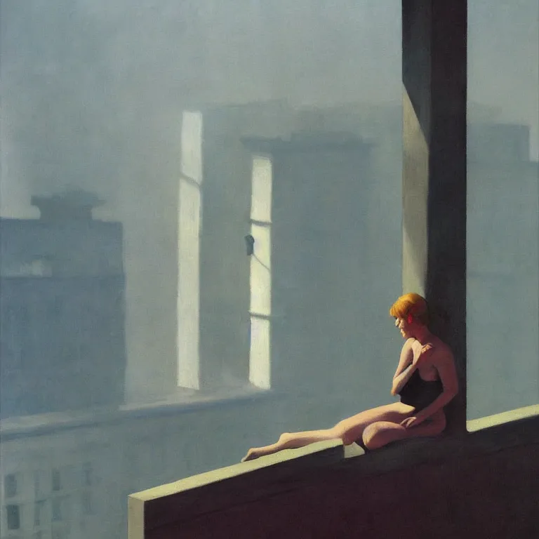 Prompt: woman sitting on a ledge, fog, early morning, , painted by Edward Hopper, Robert McGinnis, painted by Wayne Barlow, airbrush