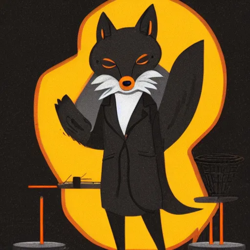 Image similar to An stern posing anthropomorphic fox wearing Halloween-themed black and orange lab coat, casting a spell in a dimly lit laboratory, digital art