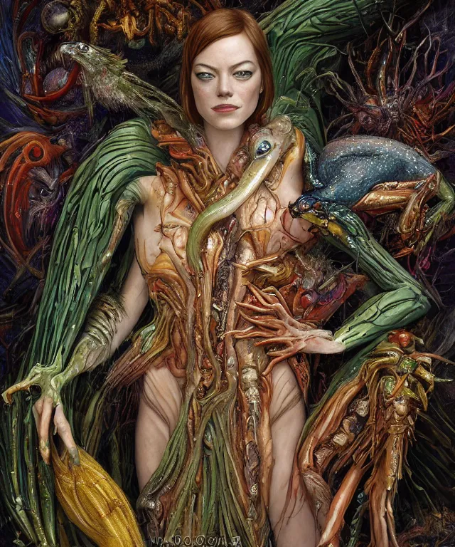 Prompt: a portrait photograph emma stone as a strong alien harpy queen with amphibian skin. she is dressed in a colorful slimy organic membrane catsuit and transforming into an bird with an armored exoskeleton. by donato giancola, walton ford, ernst haeckel, peter mohrbacher, hr giger. 8 k, cgsociety, fashion editorial