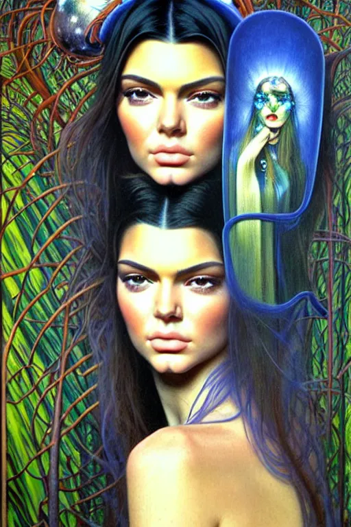 Prompt: realistic detailed face portrait painting of a beautiful kendall jenner with long hair with sci-fi headwear, futuristic sci-fi forest on background by Jean Delville, Amano, Yves Tanguy, Alphonse Mucha, Edward Robert Hughes, Roger Dean, rich moody colours, blue eyes