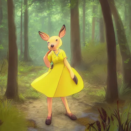 Image similar to concept art painting of an anthropomorphic chubby doe wearing yellow dress, in the deep forest, realistic, detailed, cel shaded, in the style of makoto shinkai and greg rutkowski and james gurney