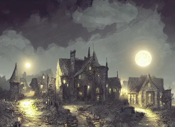 Prompt: medieval vampire village, moon light, gas lighting, stone roads, digital art by sparth