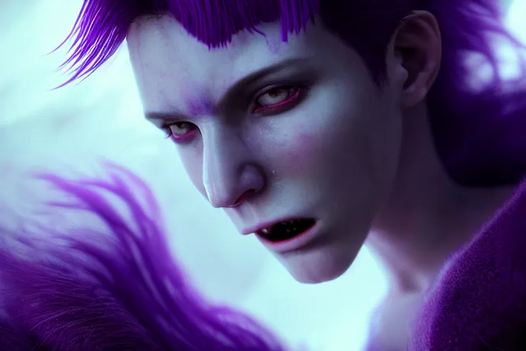 Image similar to an ultra realistic, cinematic, close up portrait, of a vampire with purple hair, soft light, dreamy, facial features, standing in a space ship wreck, sci - fi armor, detailed, deep focus, movie still, dramatic lighting, ray tracing, by michal karcz and yoshitaka and david cronenberg