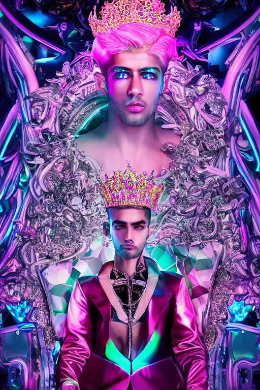 Prompt: hyper detailed ultra sharp photo of baroque and bladerunner neon crystalline sculpture of seductive ceramic albino glass prince zayn malik dotado pink iridescent humanoid deity wearing blue hooded metallic tuxedo holding an glass skull in a onyx dungeon, reclining, glowing magenta face, crown of white diamonds, cinematic lighting, photorealistic, octane render 8 k depth of field 3 d