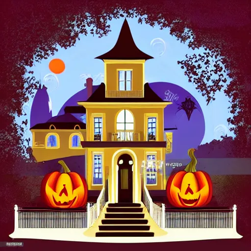 Prompt: vector illustration scenic beautiful colors, haunted gothic house, scary trees, pumpkins, lamp post illuminated at night - W 1024