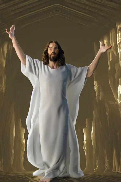 Image similar to jesus christ wearing a white robe strikes a dance pose in the apocalypse, intricate, hyper detailed, accent lighting, dramatic light, 4 k octane render