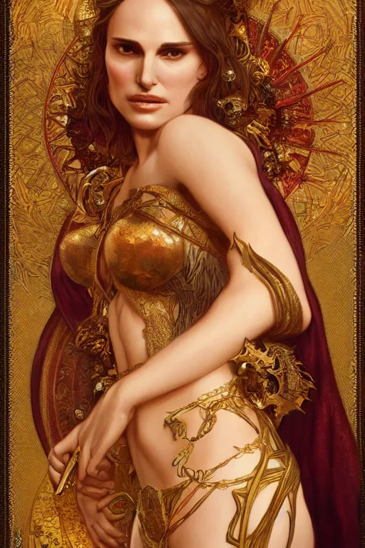 Prompt: natalie portman as dejah thoris, painted by nekro, alphonse mucha, dark - fantasy, intricate detail, artstation, cgsociety, rococo, gold leaf art