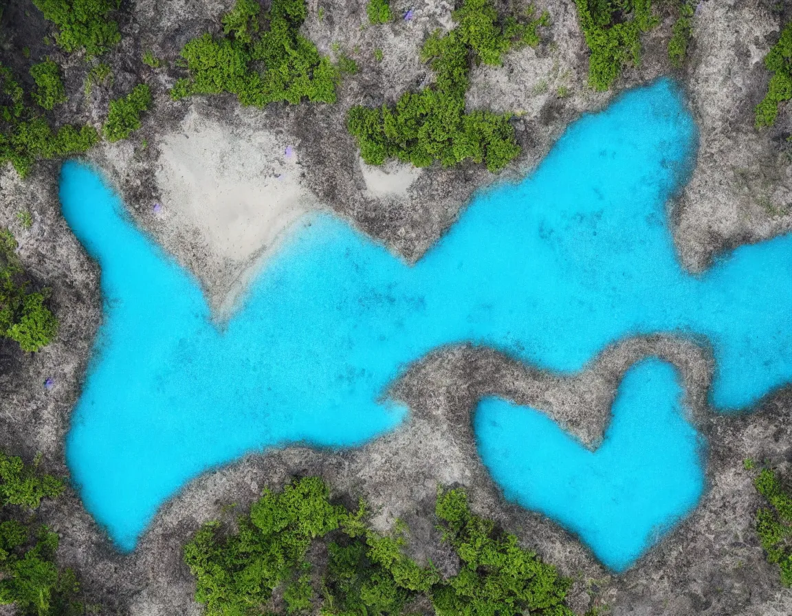 Image similar to closeup shot photo of ultra realistic blue lagoon with exotic tree heart / shaped sandy beach island, sunset lighting