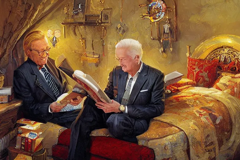 Image similar to portrait of rod roddy reading a bedtime story to bob barker in bed, an oil painting by ross tran and thomas kincade