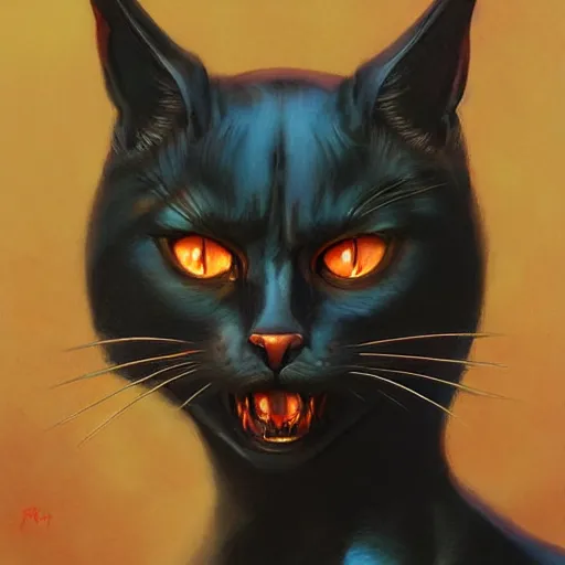 Image similar to portrait of cat demon, coherent! by brom! deep colors, strong lines, high contrast