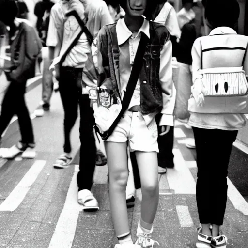 Prompt: Japanese teenagers male and female, street photography in the 80s, economic boom, punks, highly realistic, photography, photorealistic, Tokyo, fashion, wearing Sony Walkman and headphones