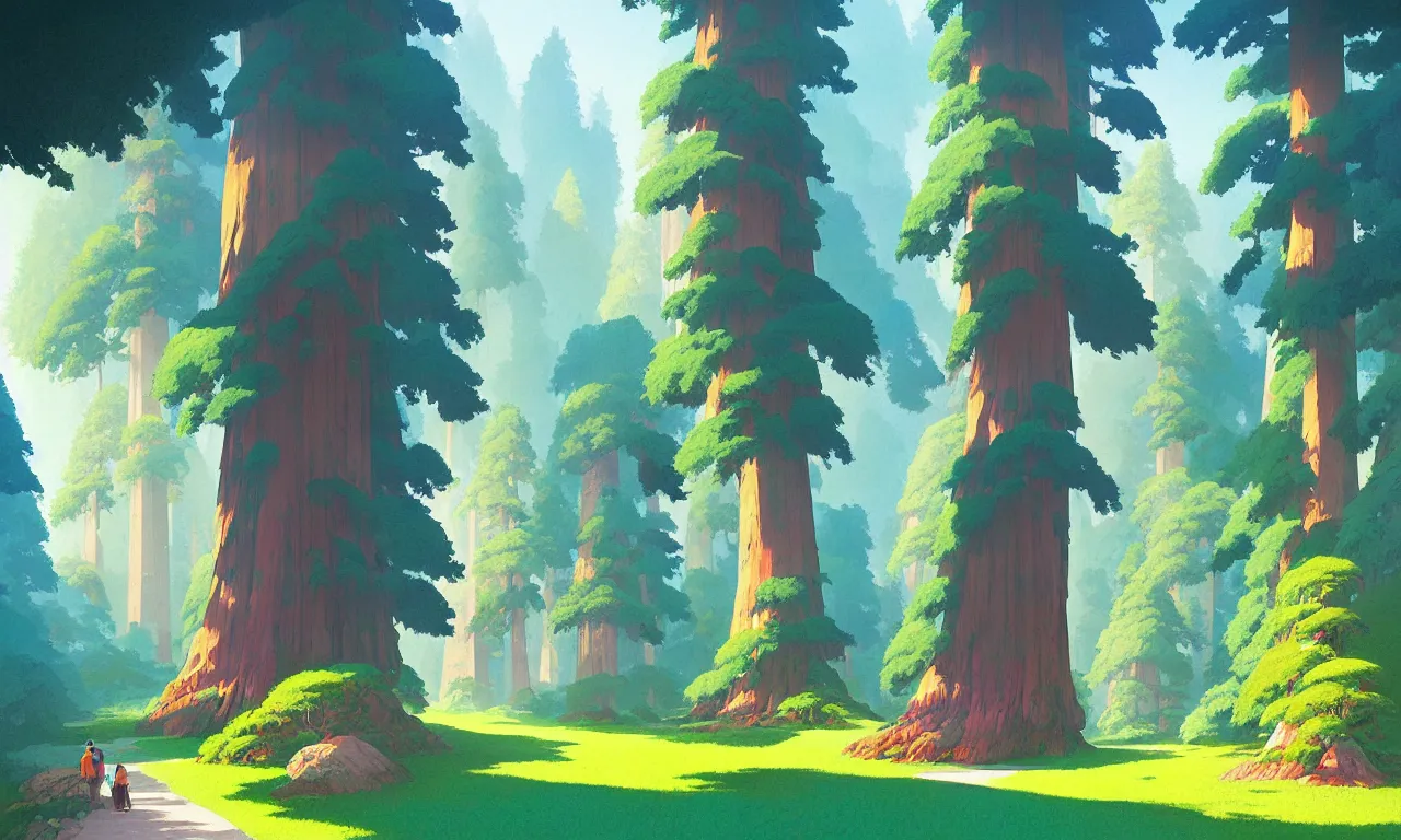 Image similar to Sequoia park in a colorful moutain with beautiful trees , no people, morning, by studio ghibli painting, superior quality, masterpiece, traditional Japanese colors, by Grzegorz Rutkowski, concept art