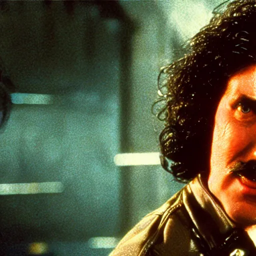 Image similar to Weird al Yankovic with his mustache as Rick Deckard on blade runner 1982, smiling, wide angle lens, movie still, in color, movie frame, detailed face, symmetrical face, 4k