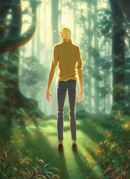 Image similar to book cover design, slender young man with shoulder length golden blond hair, shiny and sparkling, from behind, back shot, high angle, lost in a magical forest, natural lighting, path traced, highly detailed, high quality, cartoon, digital painting, by don bluth and ross tran and studio ghibli and alphonse mucha