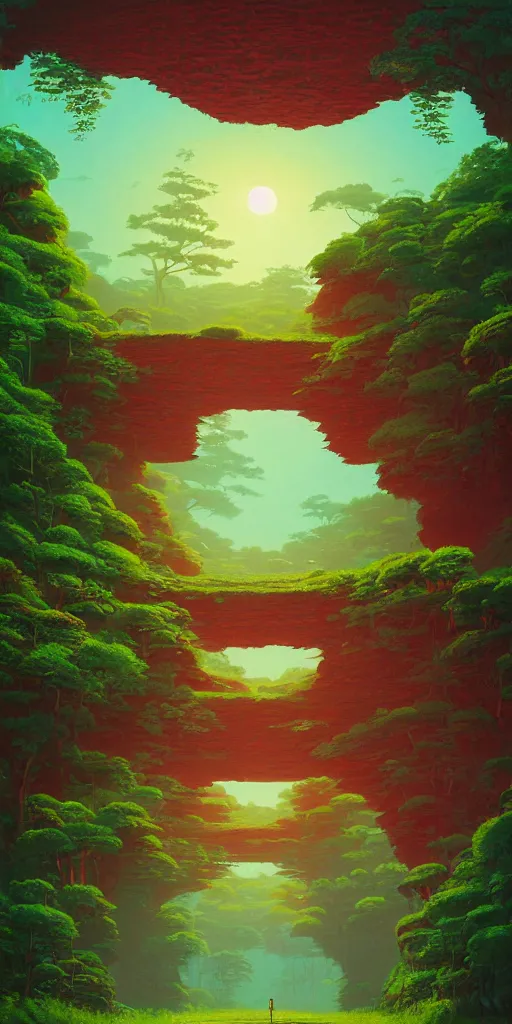 Prompt: the green torii gate!!! a highly detailed cinematic oil painting by roger dean and alena aenami, dynamic lighting